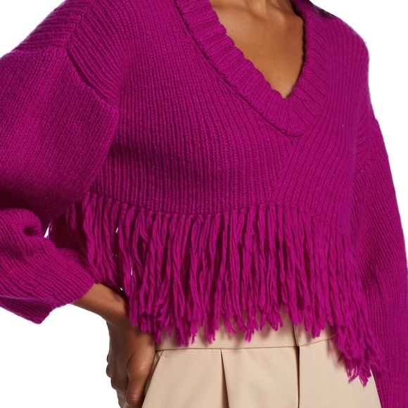 Alejandra Alonso Rojas. Cashmere Wool Blend Vee Neck Sweater w/ Fringe. Cropped. - Picture 3 of 13